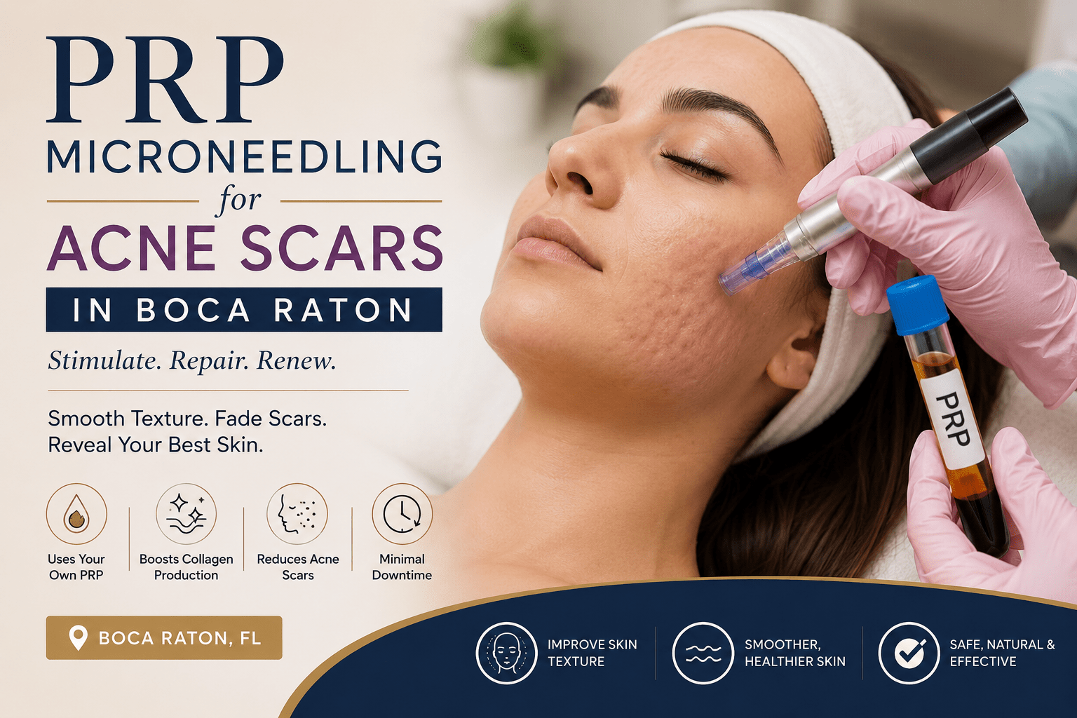 PRP microneedling for acne scars in Boca Raton: woman receives treatment with a vial labeled PRP held by gloved hands on her cheek.