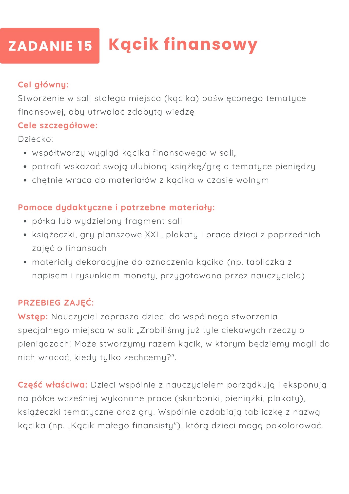 Edukacja finansowa w edukacji przedszkolnej- scenariusze zajęć