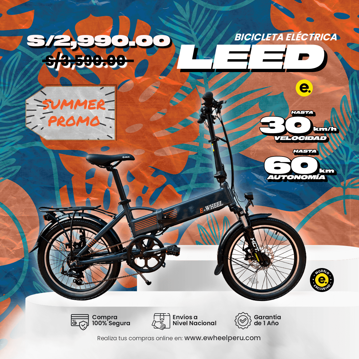 Bicicleta Eléctrica Plegable Urbana modelo Leed (SALDO DE EXHIBICIÓN) | Perú