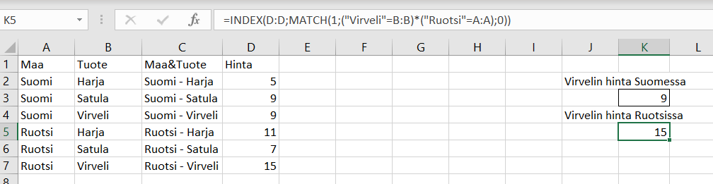 Haku Taulukosta Kahden Tai Useamman Arvon Perusteella Excel Guru Fi