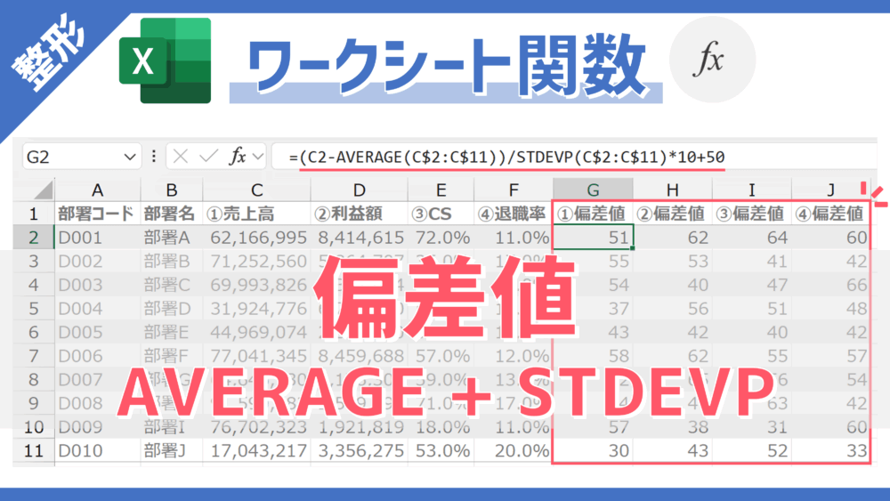 関数】「偏差値」を計算できる「AVERAGE」と「STDEVP」の
