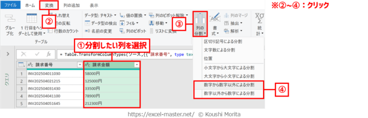 「数字から数字以外による分割」・「数字以外から数字による分割」コマンドのステップ登録手順