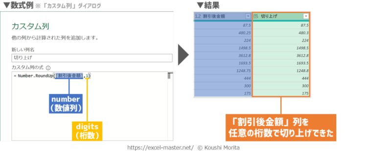 パワークエリのM関数「Number.RoundUp」の数式例・使用イメージ