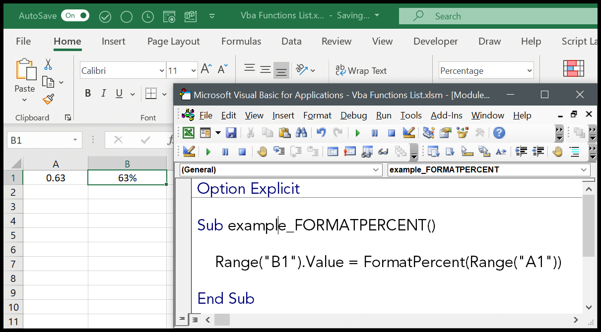 VBA FORMATPERCENT Function (Syntax + Example)