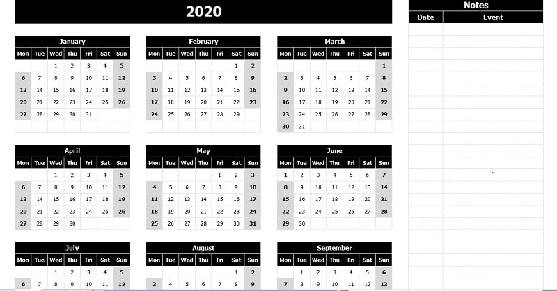 download 2020 yearly calendar mon start with notes excel template
