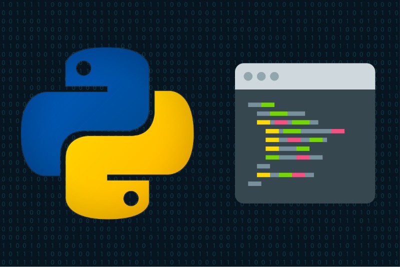 Logotipo do Python à esquerda com fundo escuro e uma tela de código à direita.