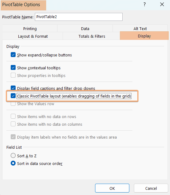 Check on Classic PivotTable layout to make columns side-by-side in Excel