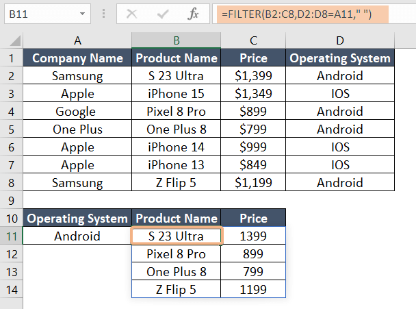 Using Filter Function to return array