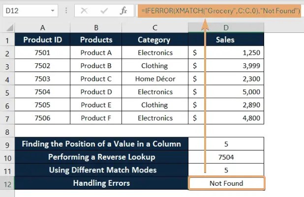Handling errors using XMATCH function in Excel