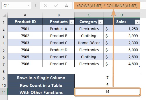 Applying ROWS function in Excel to display number of rows using formula.