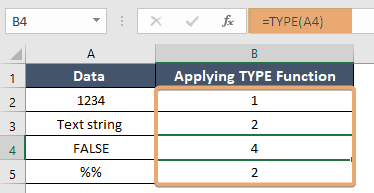 Applying Excel TYPE function to show the type of details containing in a cell