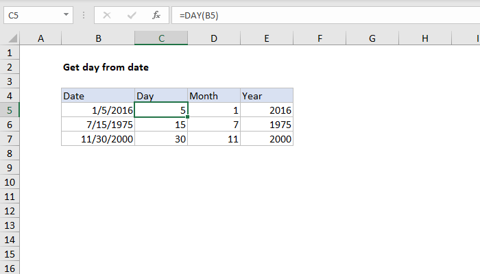 Cell a3 converts the date in cell a1 to a text string with the format yyyymmdd. Excel Formula Get Day From Date Exceljet