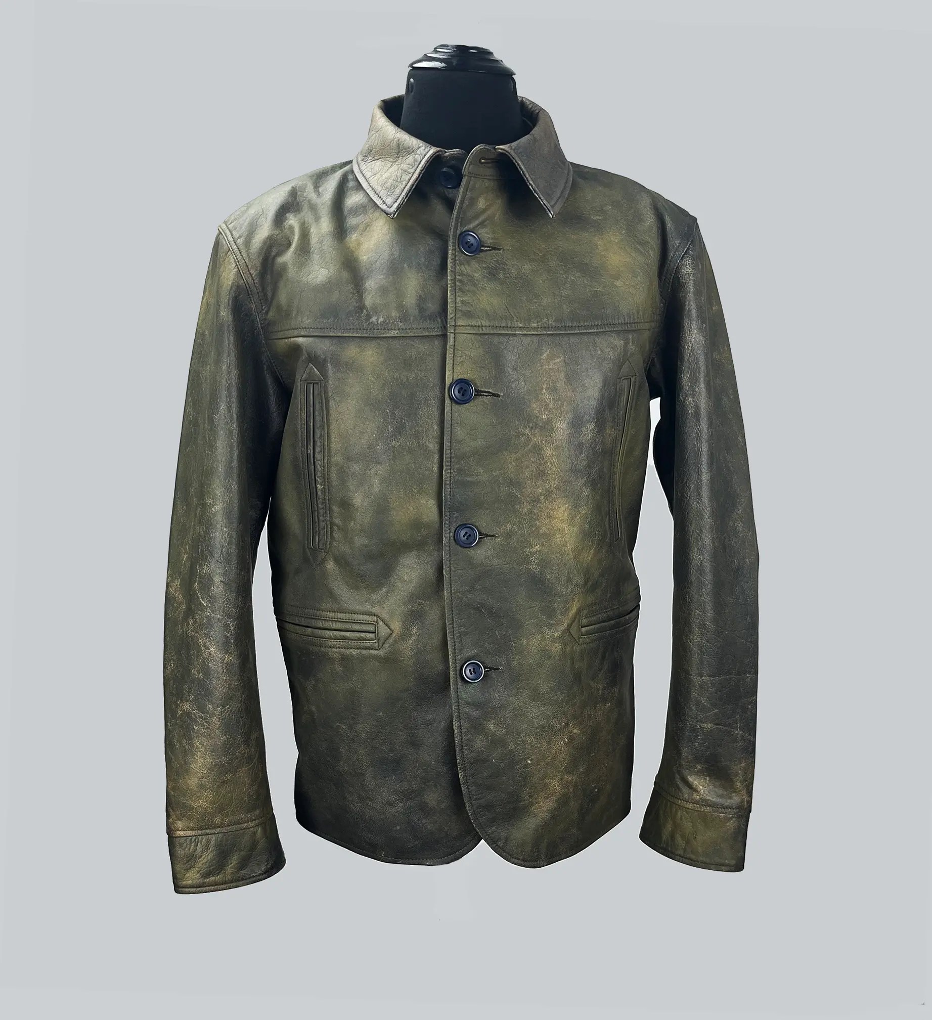 Mutant Beige Indigo Distressed Leather Coat