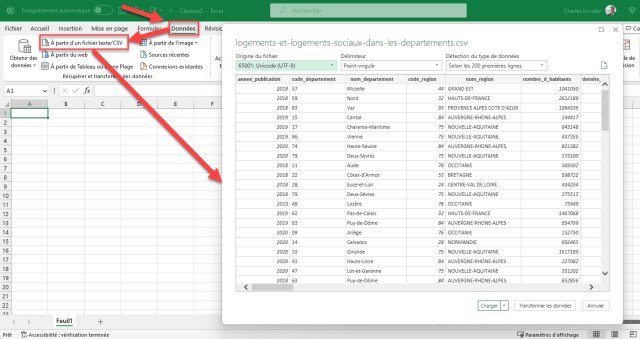 Fichier CSV - Importer - Interface Power Query