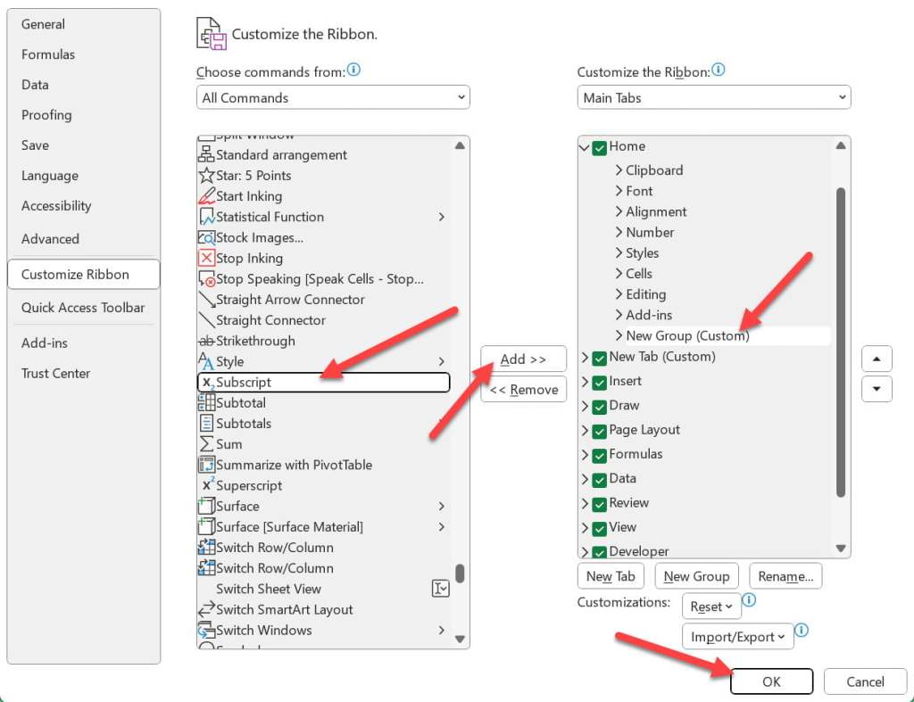 adding Superscript and Subscript Buttons on Customized Ribbon: