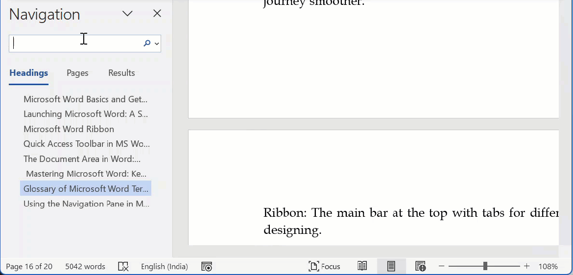 Navigation Pane Search Results in Microsoft Word