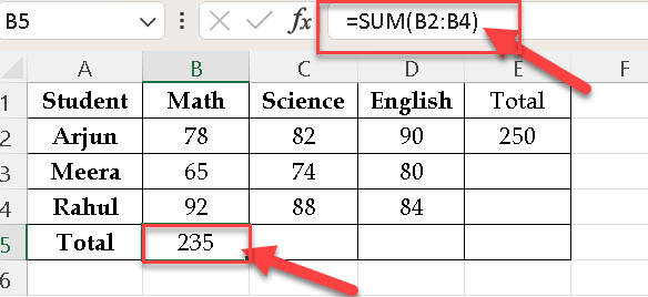 Adding Numbers in Excel SUM Function Column total