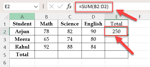 Adding Numbers in Excel SUM Function Row total