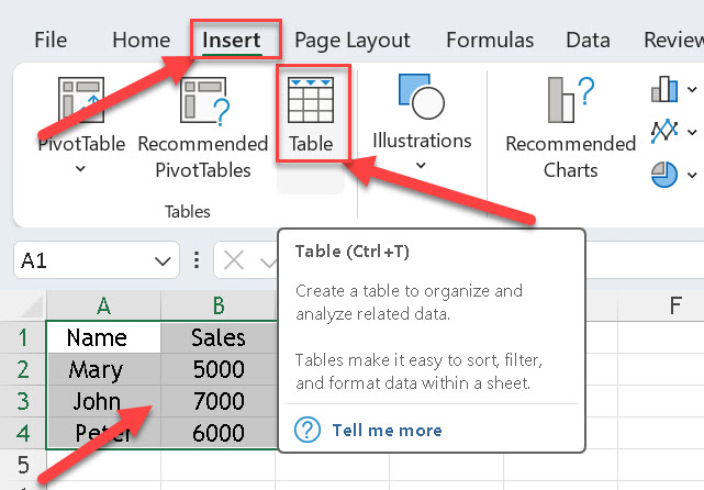Data Range selection in excel basic table