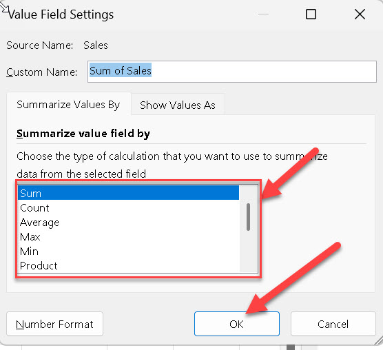 Value Field Settings