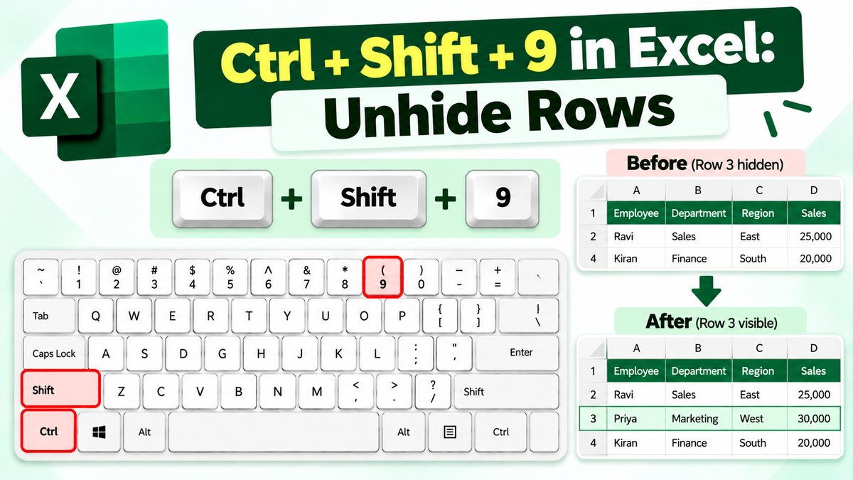 Ctrl + Shift + 9 in Excel Unhide Rows