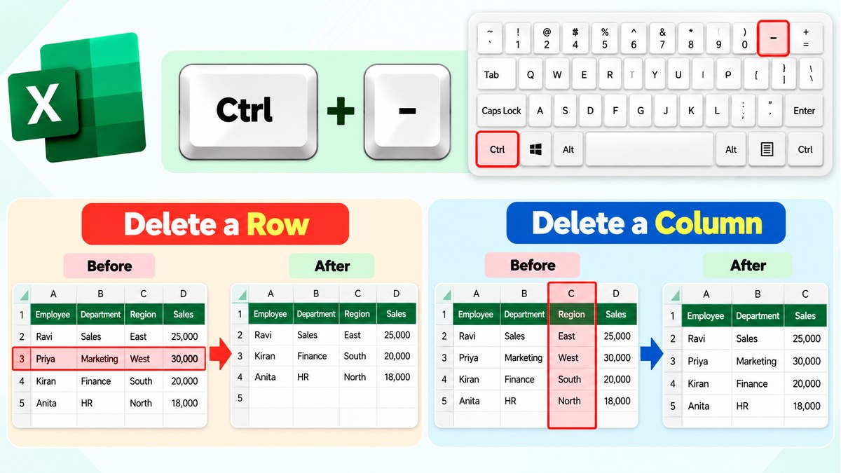 Ctrl + - in Keyboard Shortcut to Delete Rows and Columns in Excel