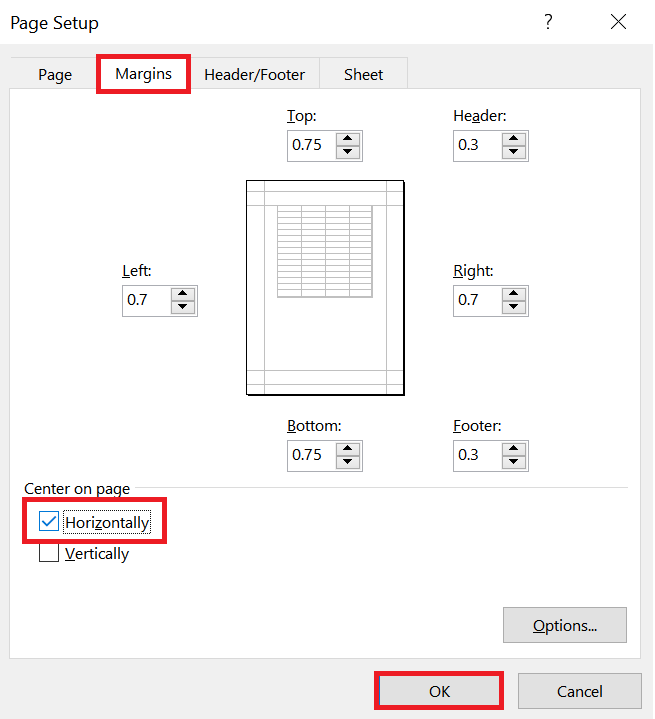How to center a worksheet horizontally in excel?