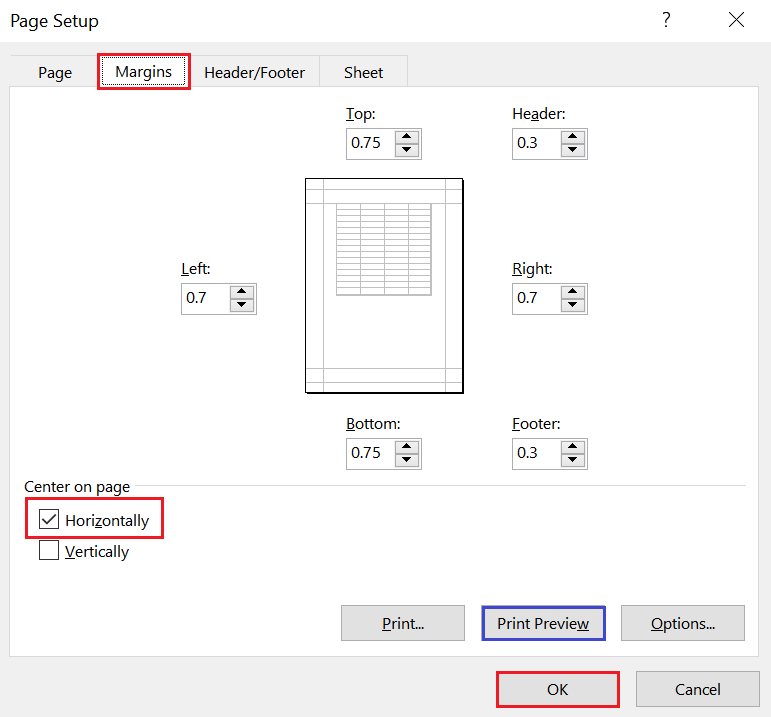 How to center a worksheet horizontally in excel?