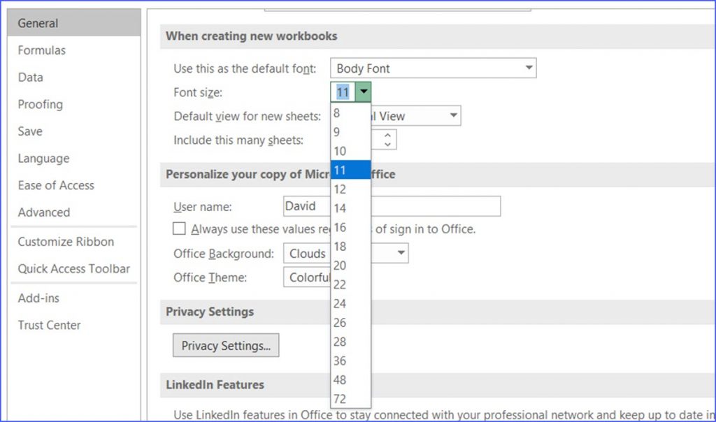 How to set the default font size in excel