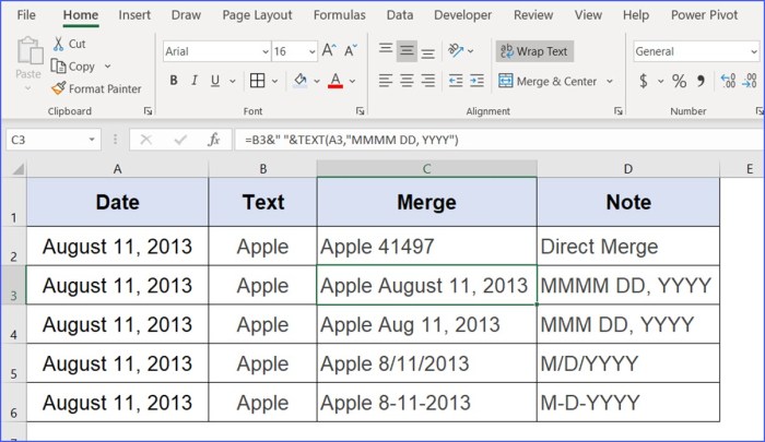 Menggabungkan teks dan tanggal di excel