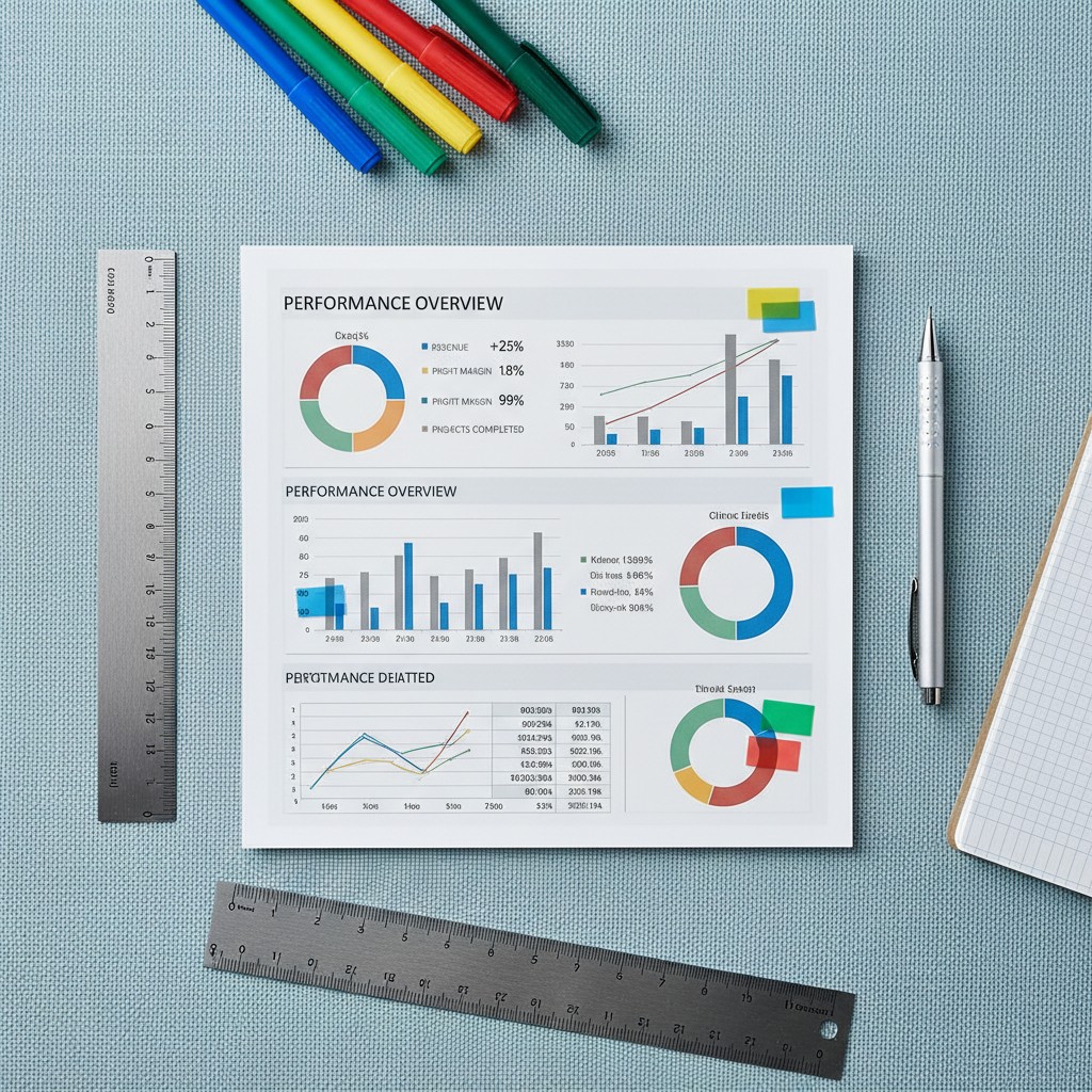 A work-at-home or home office set, featuring a performance analysis printout, work tools, and stylized markers, on a textu...