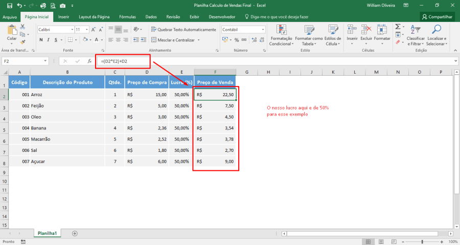 Planilha em Excel para cálculo de vendas final grátis
