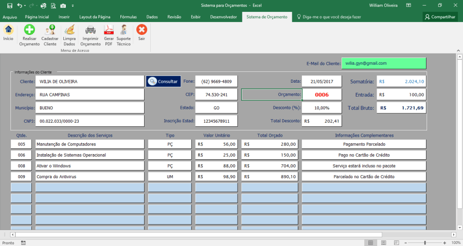 Planilha para Gerar orçamento em Excel e salvar em PDF