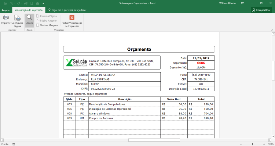 Planilha para Gerar orçamento em Excel e salvar em PDF