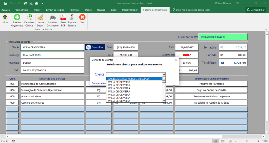 Planilha para Gerar orçamento em Excel e salvar em PDF