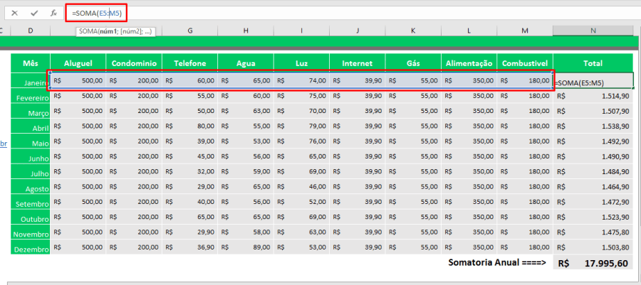 Como somar no Excel