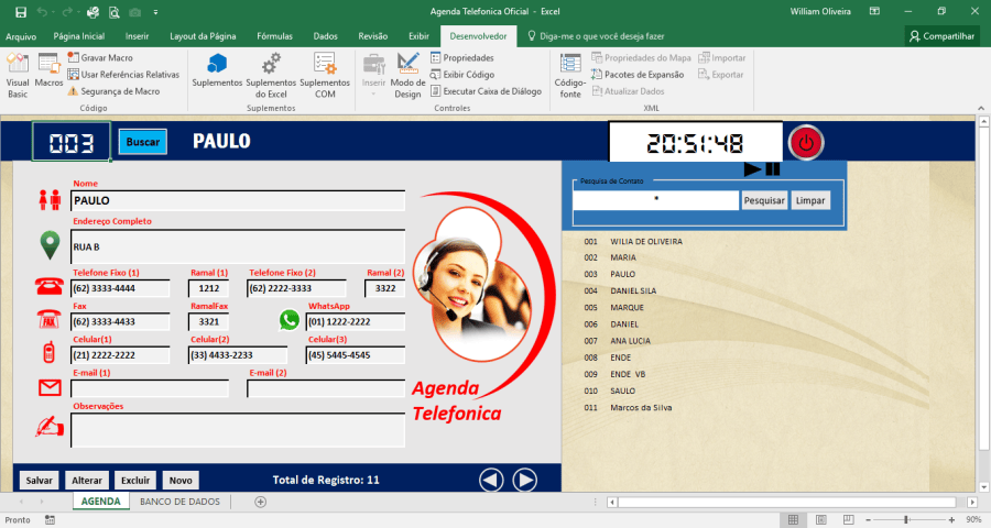 Planilha agenda de contato corporativo em Excel