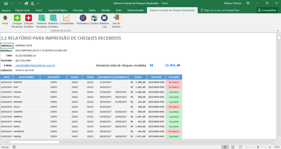 Planilha para controlar a emissão e recebimento de cheques