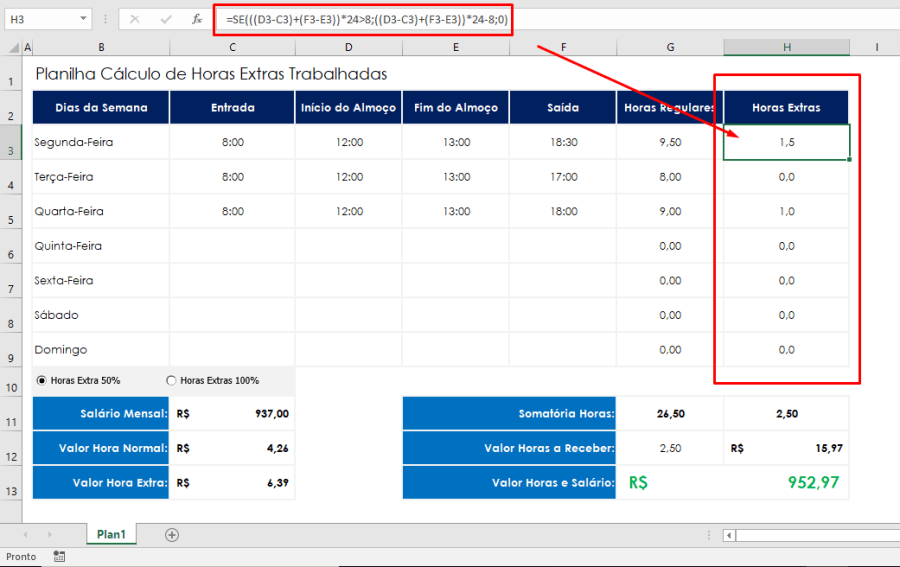 Planilha em Excel para Cálculo De Horas Extras Grátis