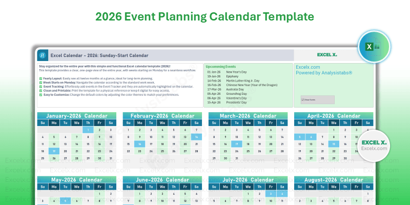 2026 Excel Calendar Templates 60 Free Downloads W Week Numbers 2026 Event Planning Calendar Template 1 