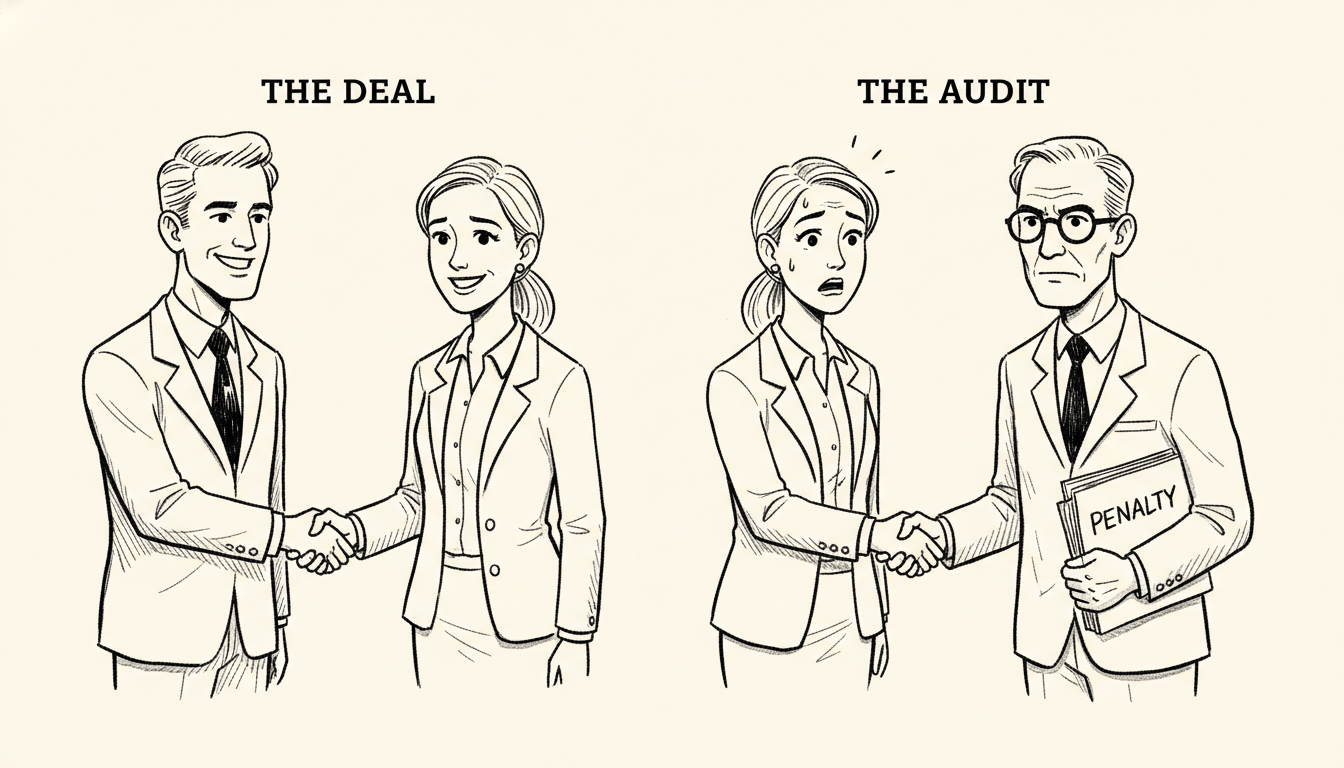 Pen-and-ink diptych: THE DEAL (handshake with staffing partner) and THE AUDIT (handshake with federal regulator holding a PENALTY file).