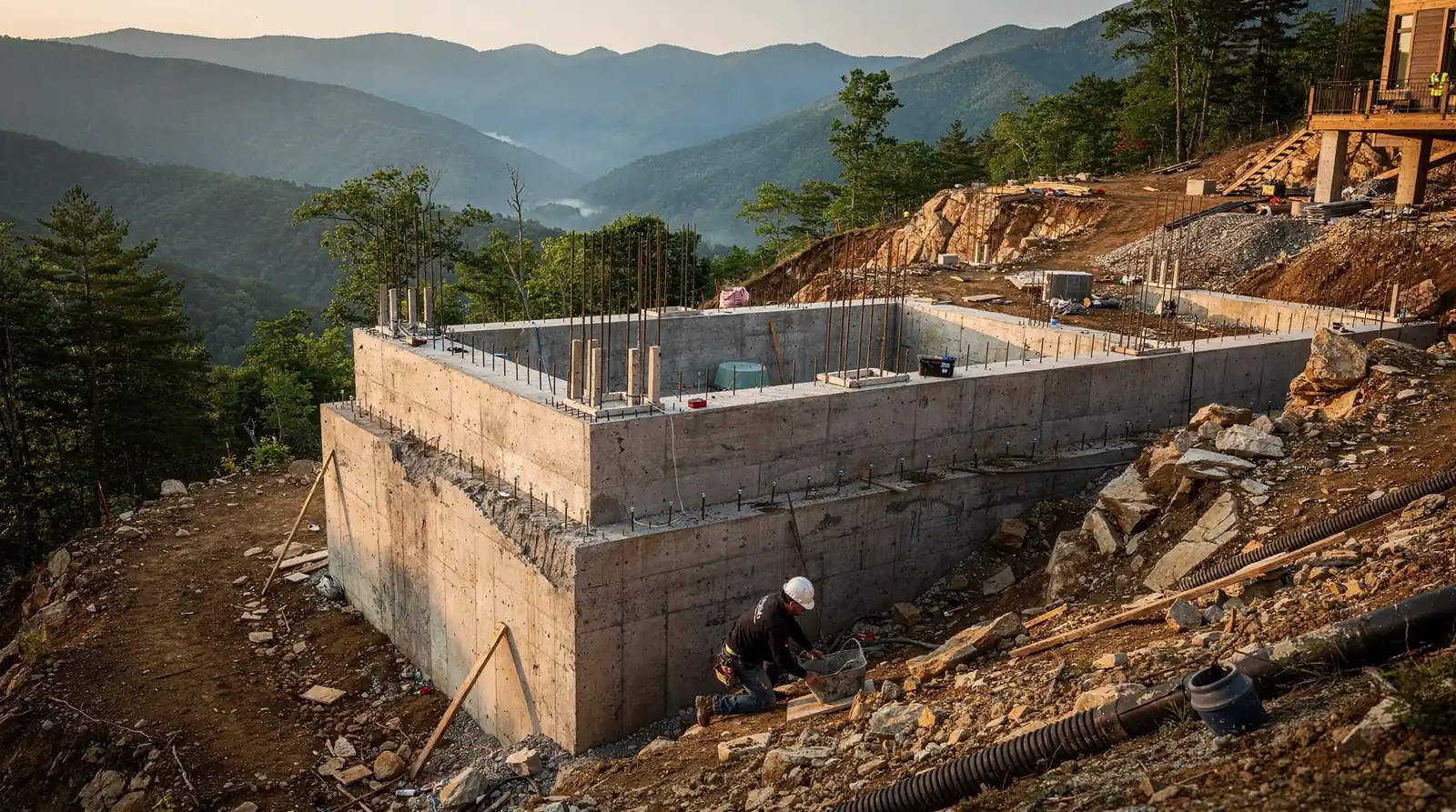 Mountain custom home foundations in the Blue Ridge must adapt to the site's natural slope