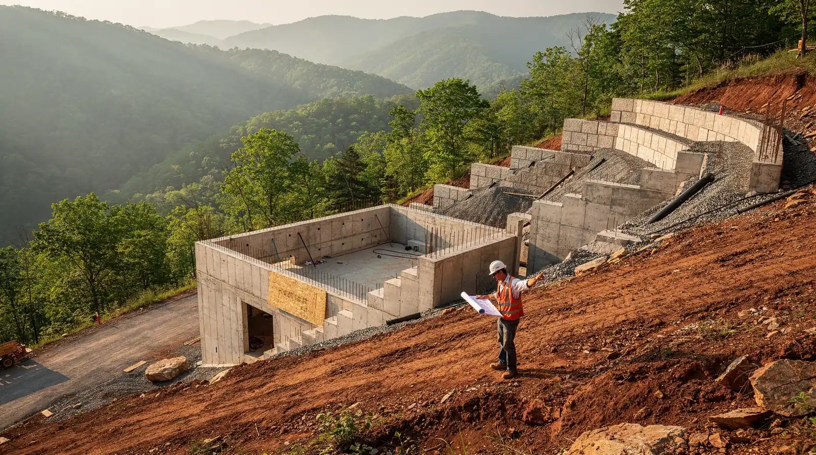 Building on a steep lot in Western NC often requires a longer driveway, more excavation