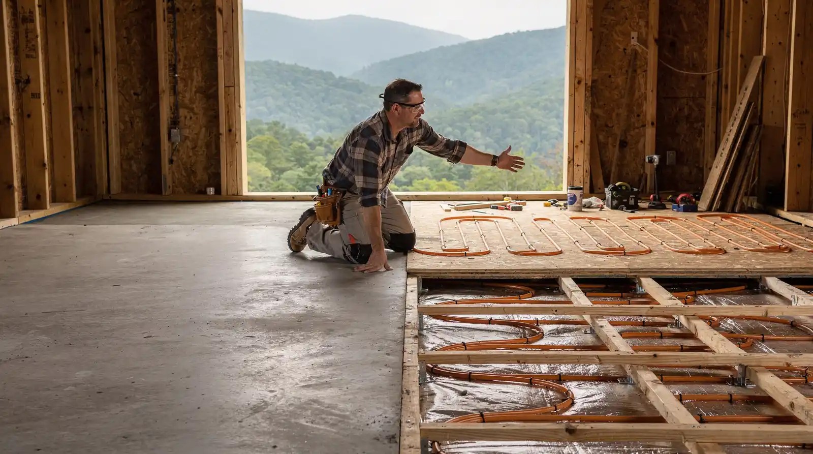 In-slab installation embeds PEX tubing directly in a concrete slab, providing thermal mass that stores