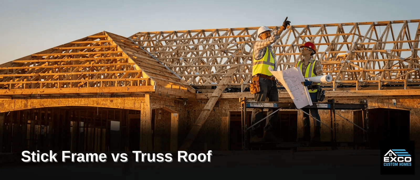 Stick-built roofs are constructed on-site using ridge boards, rafters, collar ties, and chords.; Truss roofs
