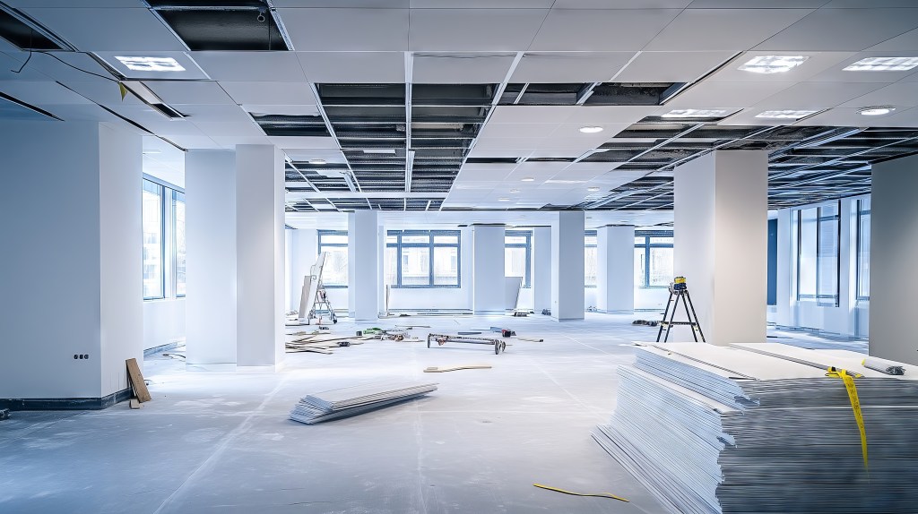 office-fit-out-services-in-south-africa Suspended ceiling grid and ceiling tiles being installed in modern office building