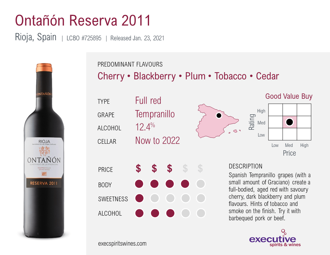 Rioja, Spain, Tempranillo, 2011, Cherry, Blackberry, Plum, Tobacco, Cedar, full red