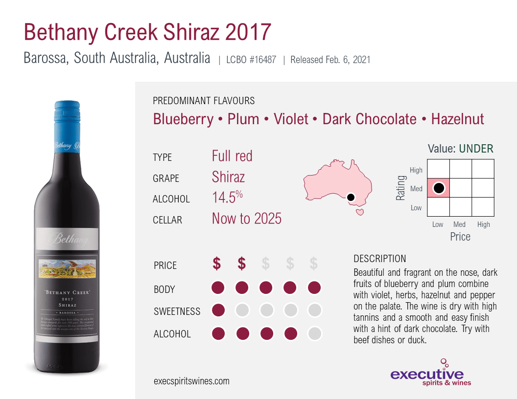 Full red shiraz with flavours of blueberry, plum, violet, dark chocolate and hazelnut.