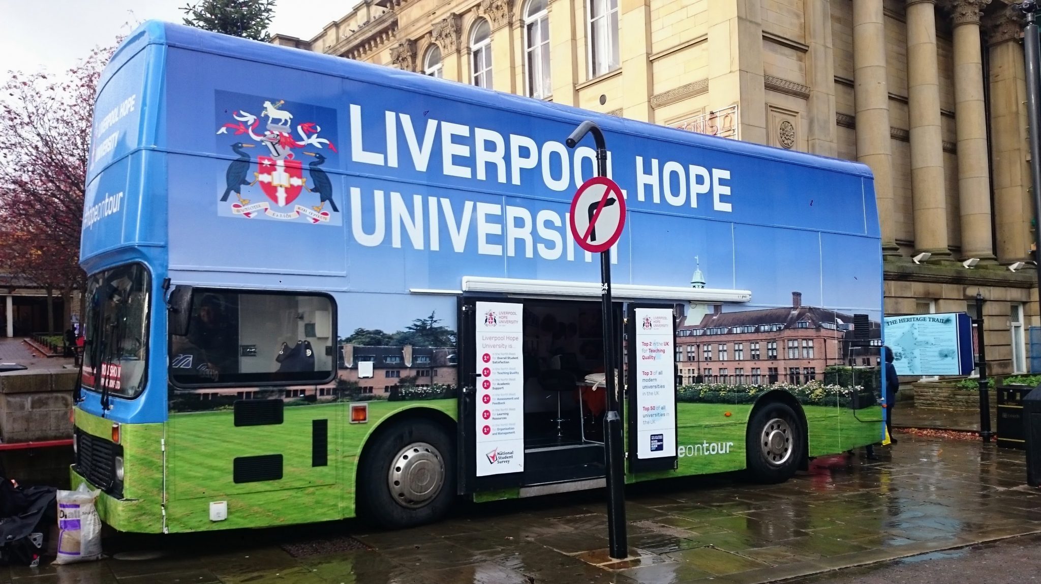 Liverpool Hope University branded bus used for an off-campus student promotion