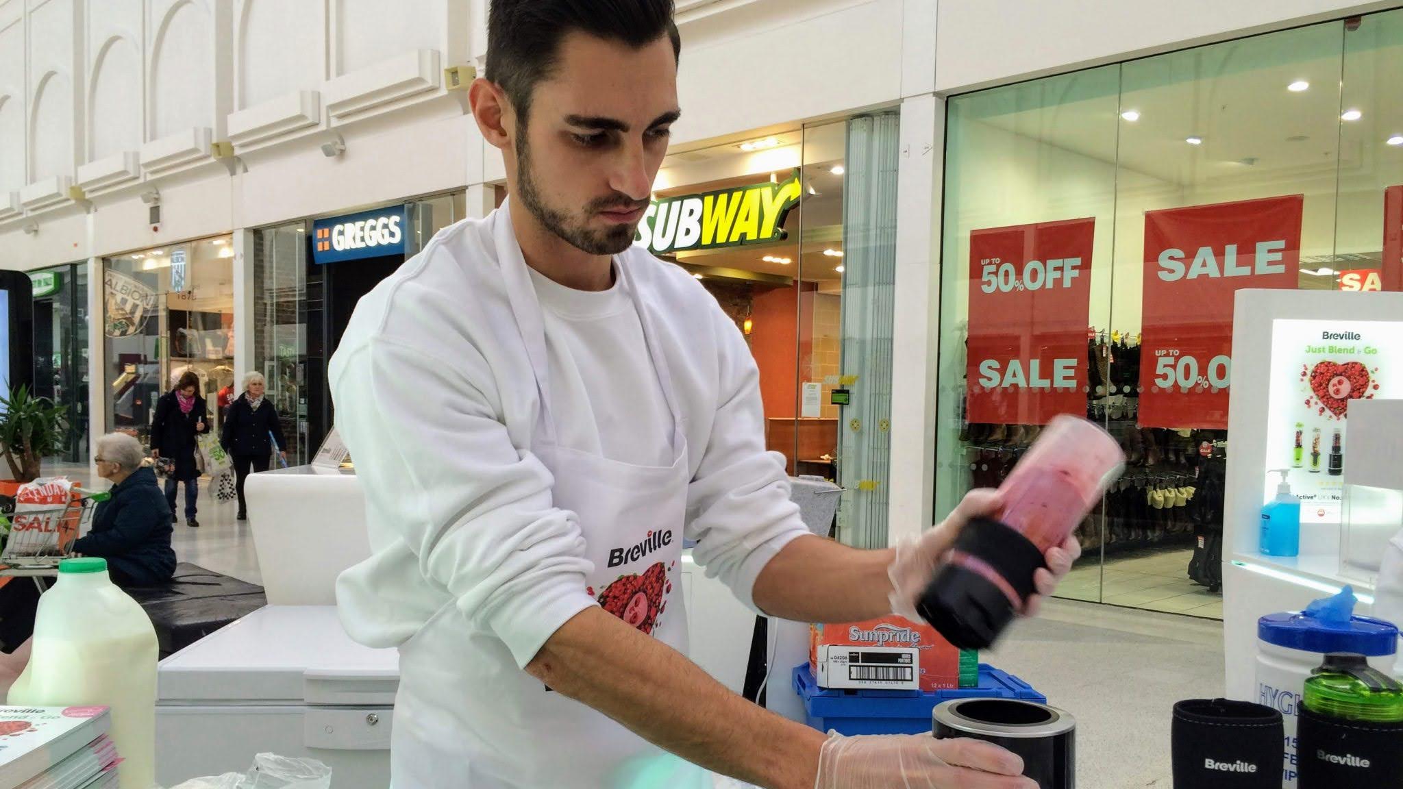 Executional branded sampling position in a shopping centre mall
